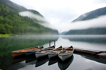 rowboats docked in front of a misty mountain lake - Powered by Adobe