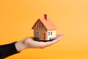 Fototapeta na wymiar Hand with miniature house model on yellow background