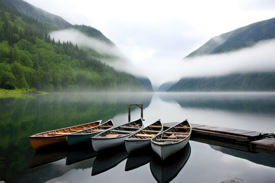 rowboats docked in front of a misty mountain lake