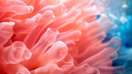 Fototapeta premium Extreme close-up of abstract blurred underwater coral, vibrant coral pink and deep sea blue hues, in the style of gradient blurred