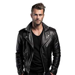Obraz premium Smart guy in a leather jacket in confident mood, fashion pose