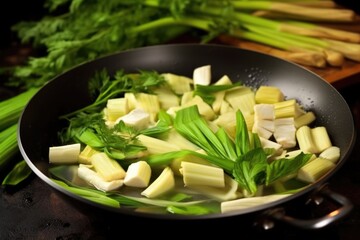 adding bamboo shoots into a wok of thai green curry