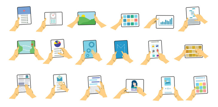Human gesture using tablet. Fingers touching, tapping, scrolling tab screens, use applications. People handling with tablets. Flat vector illustrations isolated on white background.