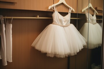 white ballet tutu hanging in a dressing room - obrazy, fototapety, plakaty