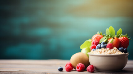 Naklejka premium Diet food concept a bowl of oatmeal and fruits with space for text blur background 16-9