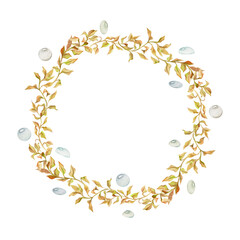 Hand drawn watercolor aquarium plants, algae and seaweed. Marine exotic underwater illustration. Isolated on white background. Circle wreath Design for shops, brochure, print, card, wall art, textile.