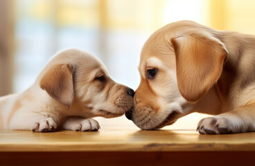 A puppy and an adult Labrador dog touching on their own - obrazy, fototapety, plakaty