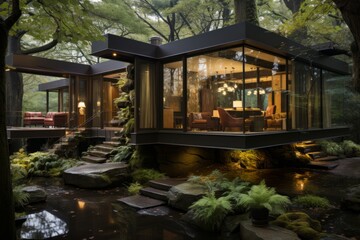 Cabin house with a contemporary and sustainable design, blending with nature, Generative AI