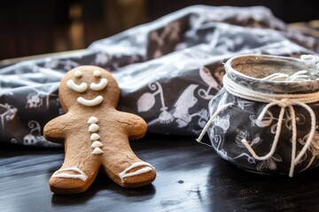undecorated, freshly baked gingerbread man next to a piped icing bag