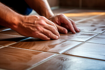 a person's hands carefully laying tiles on a kitchen floor - Powered by Adobe