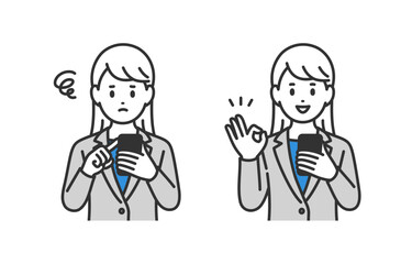 スマホを見て悩む･OKポーズをするビジネスパーソン女性のセット【人物ベクターイラスト素材】