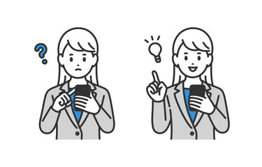 スマホを見て疑問を持つ･ひらめきのポーズをするビジネスパーソン女性のセット【人物ベクターイラスト素材】