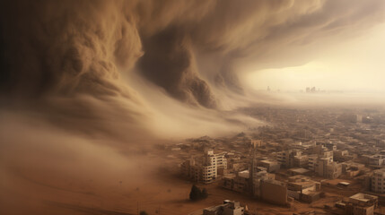 Haboob dust storm over city. Sand storm in desert of high altitude with cumulonimbus rain clouds. - obrazy, fototapety, plakaty