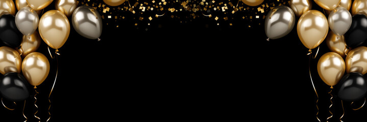 gold black balloon confetti background for graduation birthday happy new year opening sale concept, usable for banner poster brochure ad invitation flyer template - obrazy, fototapety, plakaty