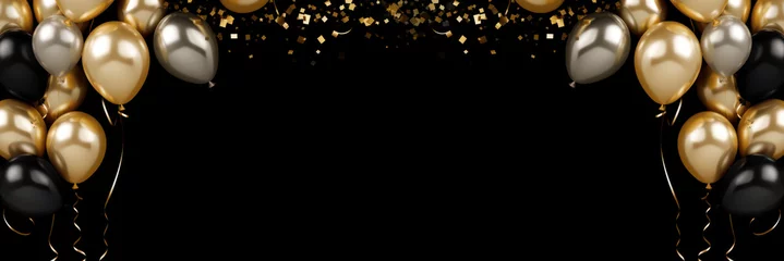 Foto op Plexiglas gold black balloon confetti background for graduation birthday happy new year opening sale concept, usable for banner poster brochure ad invitation flyer template © annaspoka