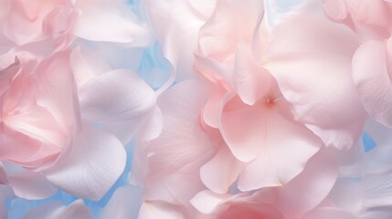 Extreme close-up of delicate flower petals, pale rose pinks and subtle azure blues, in the style of...