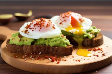 poached eggs over smashed avocado toast with red chili flakes