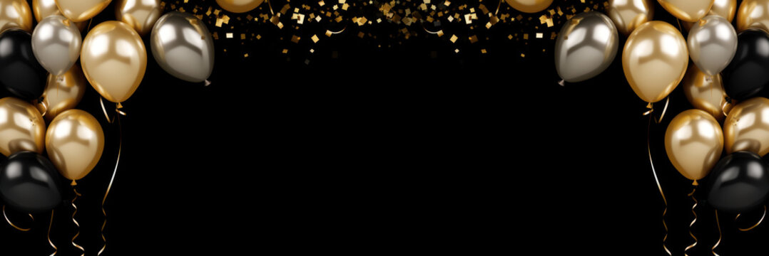 Gold Black Balloon Confetti Background For Graduation Birthday Happy New Year Opening Sale Concept, Usable For Banner Poster Brochure Ad Invitation Flyer Template