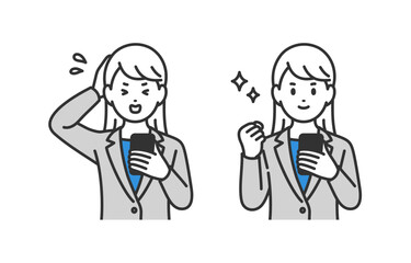 スマホを見て焦る･ガッツポーズをするビジネスパーソン女性のセット【人物ベクターイラスト素材】