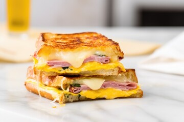 sandwich with mustard, ham, and cheese on a marble countertop