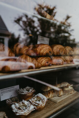 Freshly baked pastries on the window display in Reykjavik Iceland