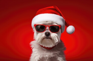 White dog in red glasses Christmas hat on red background Christmas concept