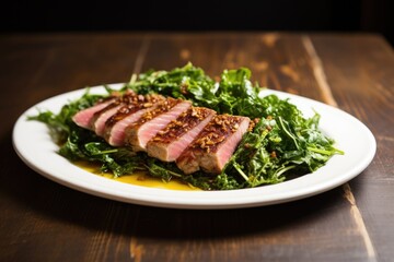 seared tuna steak with a bed of greens on a flat dish