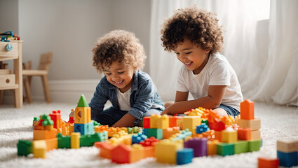 Young kid twins playing with blocks at home. Generative AI.