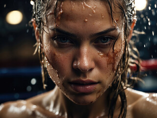 Female boxer training close up portrait. Generative AI.