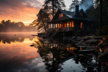 Foto op Plexiglas  Lakeside cabin house at sunrise with mist rising from the water, Generative AI © Shooting Star Std