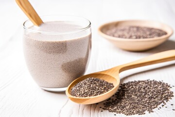 spoonful of chia seeds beside a smoothie
