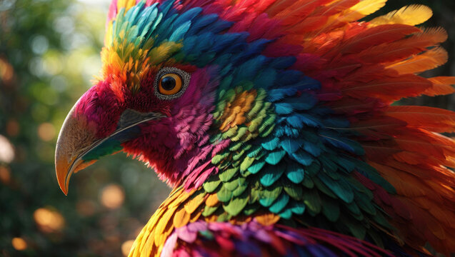 Fantasy colorful bird close up. Generative AI.
