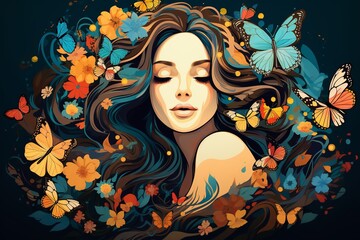 illustration ofBeautiful brunette with long hair flowers and butter,Generative ai