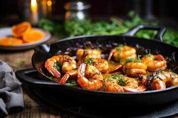 soft-focused background with a foreground of pan-seared gambas al ajillo - obrazy, fototapety, plakaty