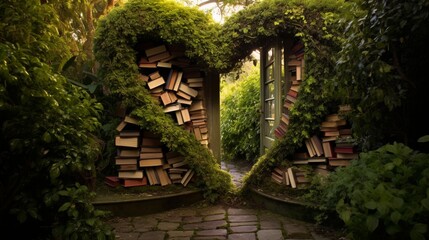 A heart-shaped door made of old books, opening into a garden where every plant tells a story.