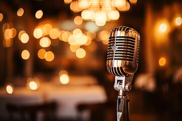 Vintage echoes. Retro microphone set musical entertainment. Classic vibes on stage capturing sound. Stage spotlight. Classic chrome nostalgic musical performance