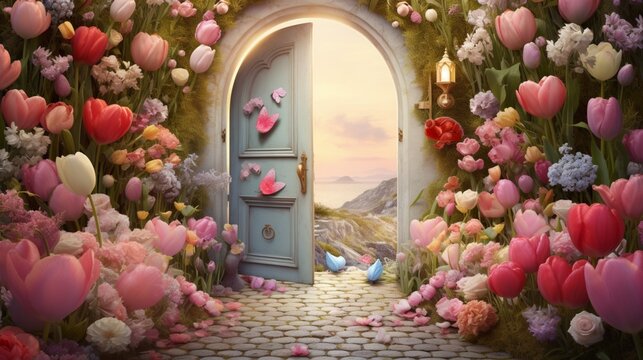 A heart-shaped door painted in pastel colors, standing amidst a garden full of tulips and daisies in full bloom.