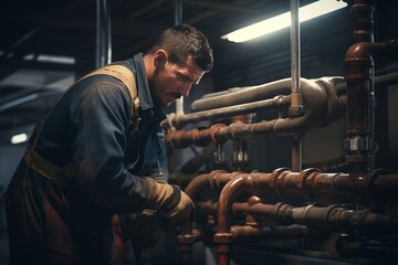 Adult plumber engineer repairing pipes  - obrazy, fototapety, plakaty