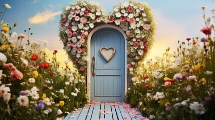 A heart-shaped door painted in pastel colors, standing amidst a garden full of tulips and daisies...