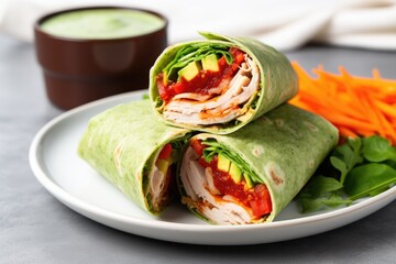 turkey and avocado wrap with spreading sauce on a saucer