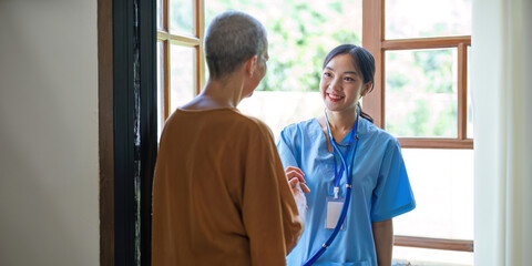Elderly open door to doctors come for annual home health check-ups based on home health visit...