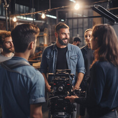 Adult male photographer explaining about the shot to his team in the studio. 