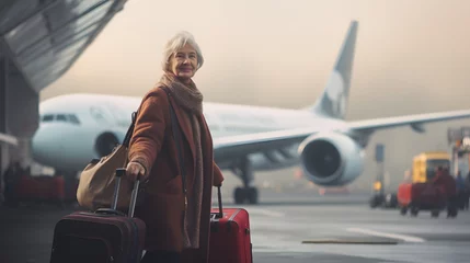 Fotobehang Oud vliegtuig old woman traveling the world