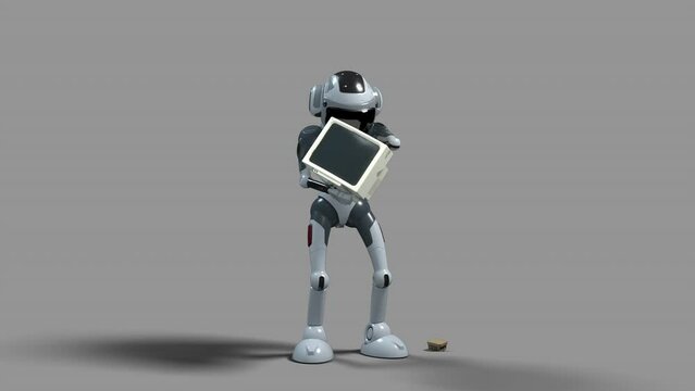 the zombie robot is looking for something useful in an old computer monitor