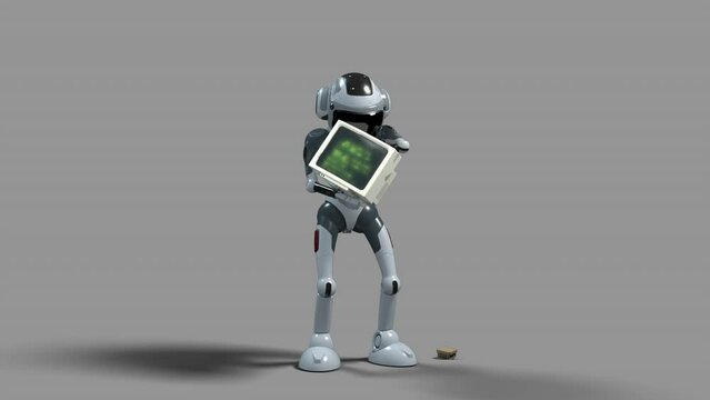 the zombie robot is looking for something useful in an old computer monitor