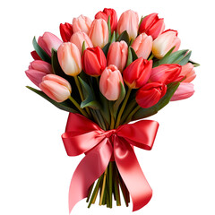 Fototapeta premium Bouquet of spring pink and red tulips with a pink satin ribbon bow on a transparent background. Gift symbol for Valentine's Day and International Women's Day, Mother's Day