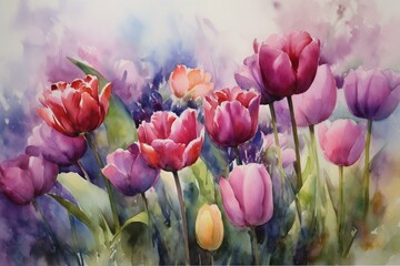 A vibrant painting of purple and pink tulips in watercolor. Generative AI - obrazy, fototapety, plakaty