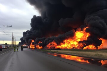burning tires producing thick, black smoke