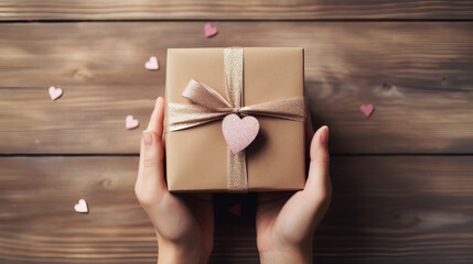 Close-up of woman's hands holding a gift with pink bow . Holiday celebration happy Birthday, Merry Christmas and New Year Valentine's Day, Mother's Day, International Women's Day
