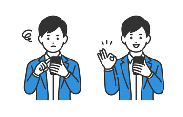 スマホを見て悩む･OKポーズをするビジネスパーソン男性のセット【人物ベクターイラスト素材】